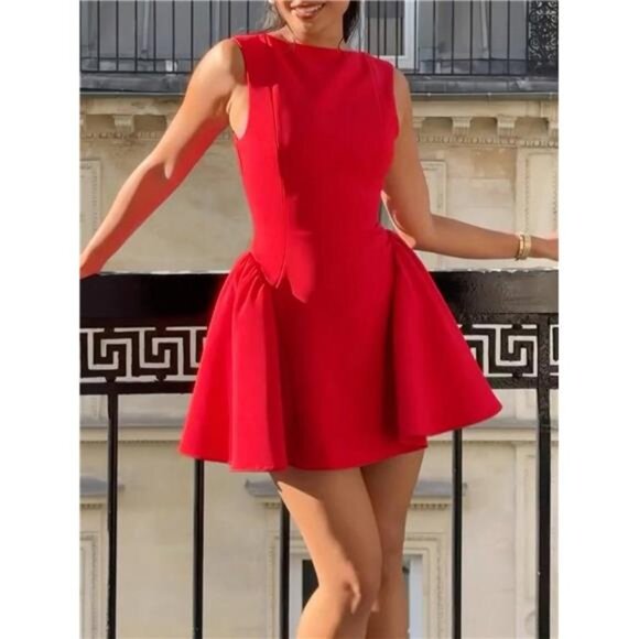 Elegant Backless Mini Dress - Sleeveless Party Dress With Zipper & Flared - Picture 7 of 9